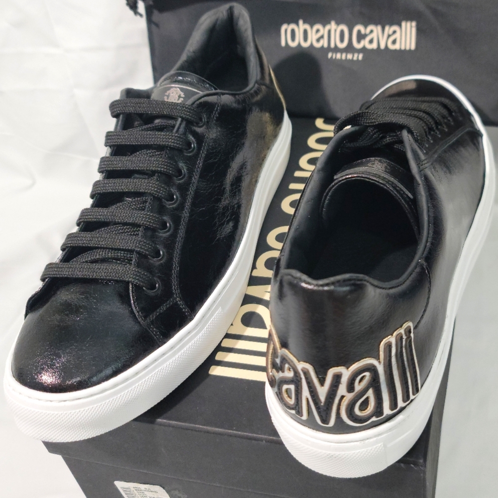 Roberto Cavalli Low-Top High-Shine Leather Sneakers Size 11.5 Men's - Picture 3 of 9